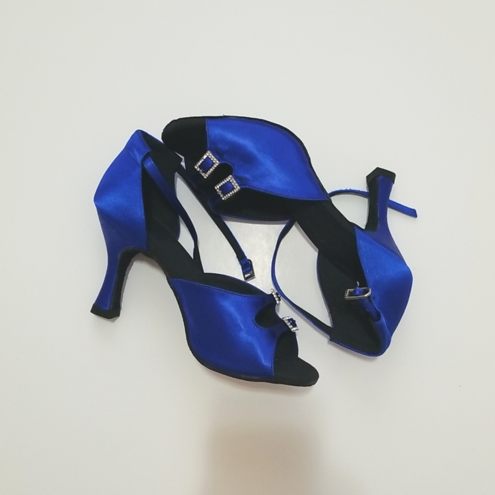 Very Fine Royal Blue Satin Dance Heels with Rhinestone Buckles